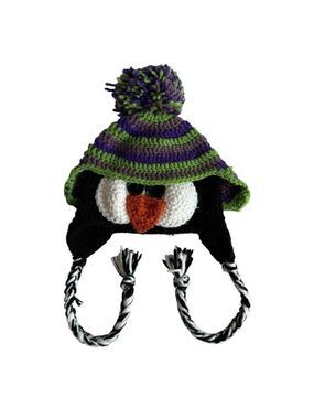Handmade Knit Penguin Toque Toddler Sized Winter Hat Ear Flaps Pompom Cute! EUC